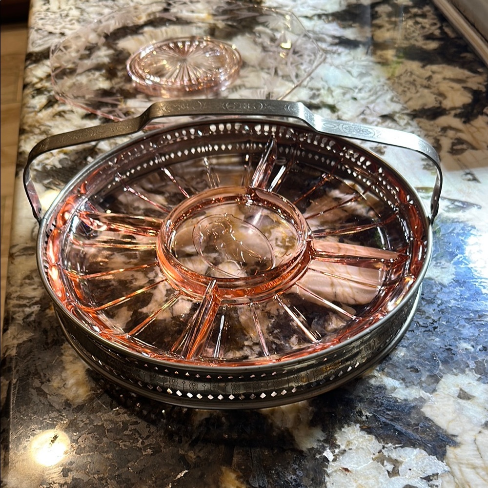 Round Pink Glass Serving Tray with silver Handle and serving dish (2 pieces)